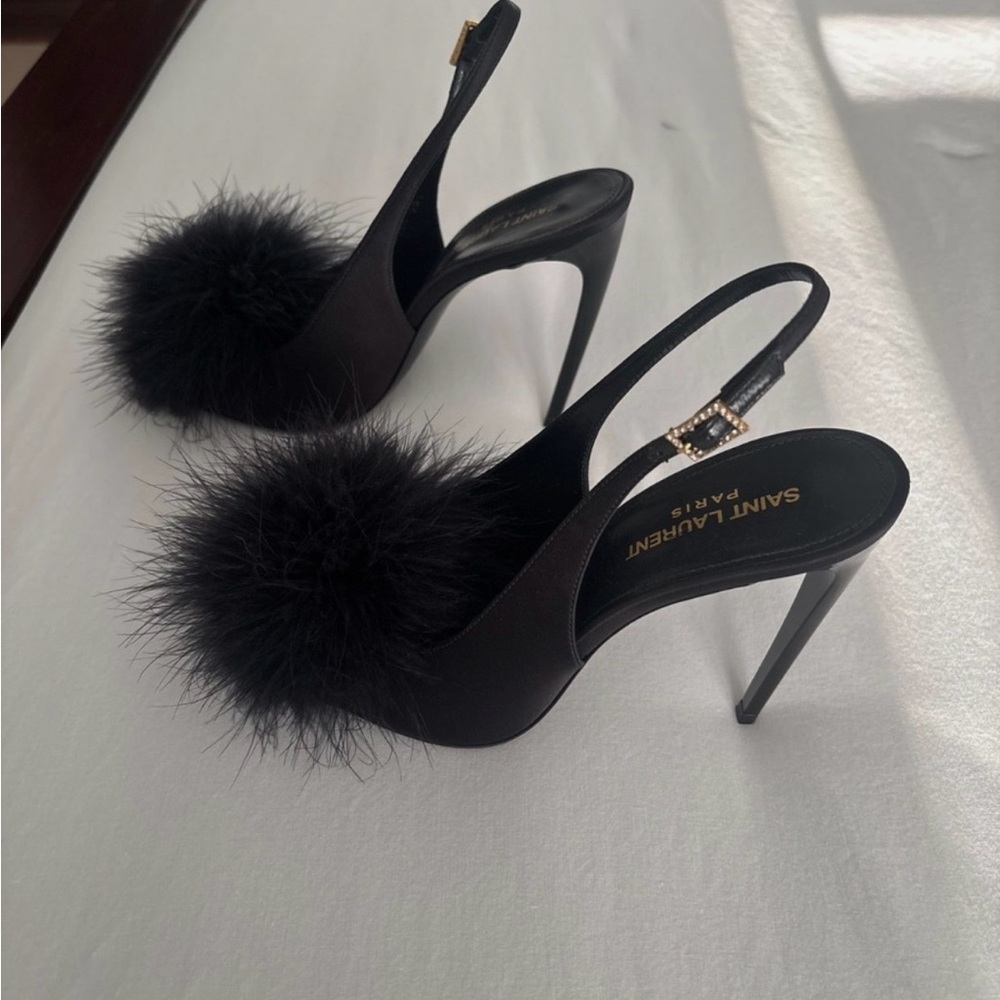 Saint Laurent Black Slingback Heels with Feather Detail